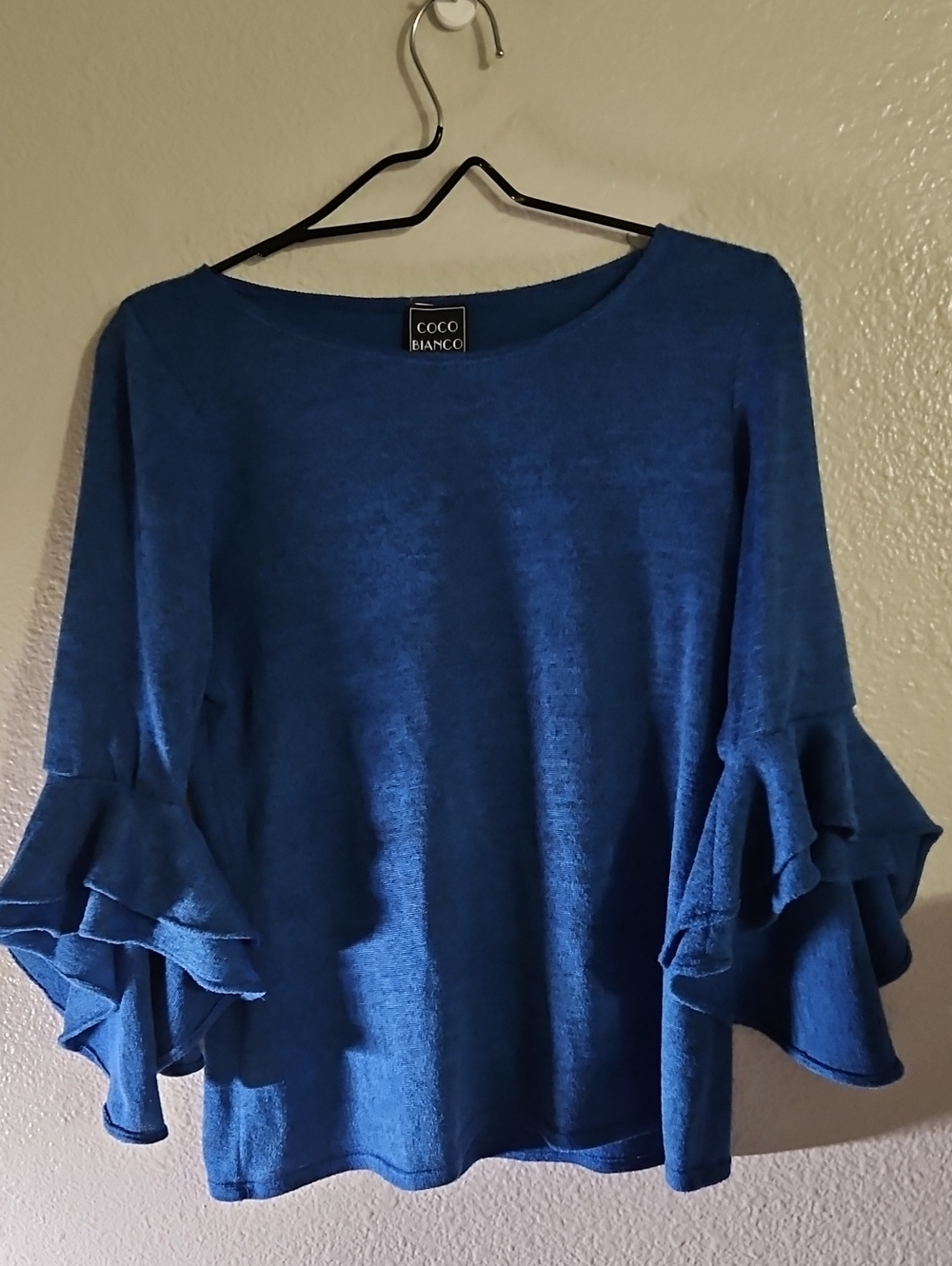 Coco Bianco Royal Blue Tiered Ruffle Sleeve Top Knit Blouse Comfort Stretch M